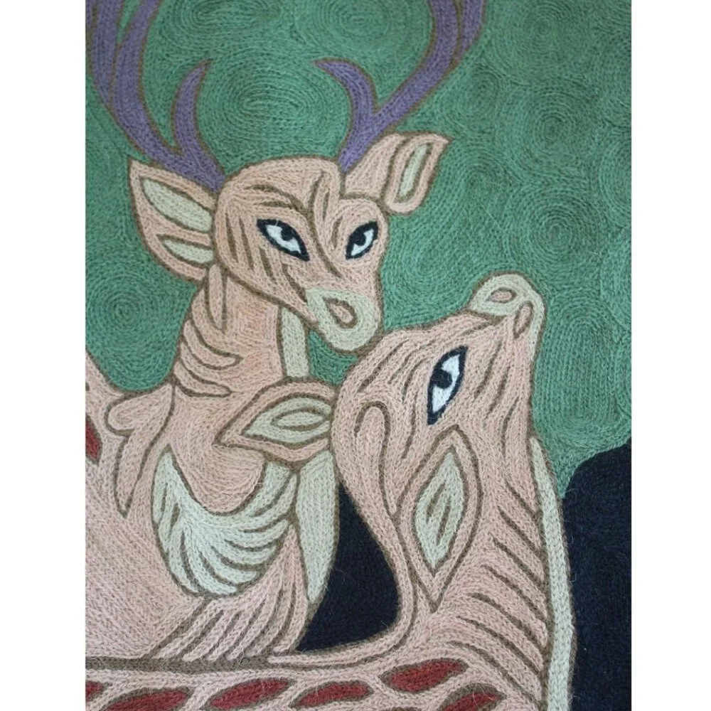 Vintage Deer Wall Hanging Tapestry Embroidery 23X17 Folk tale